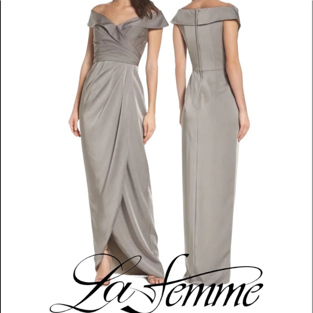 La Femme Surplice Off the Shoulder Column Gown